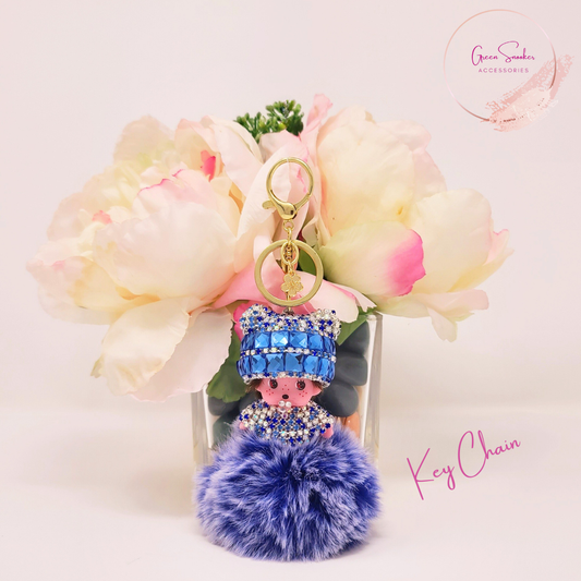 Keychain, Cute Monchichi, Pompom Ball, Metallic blue