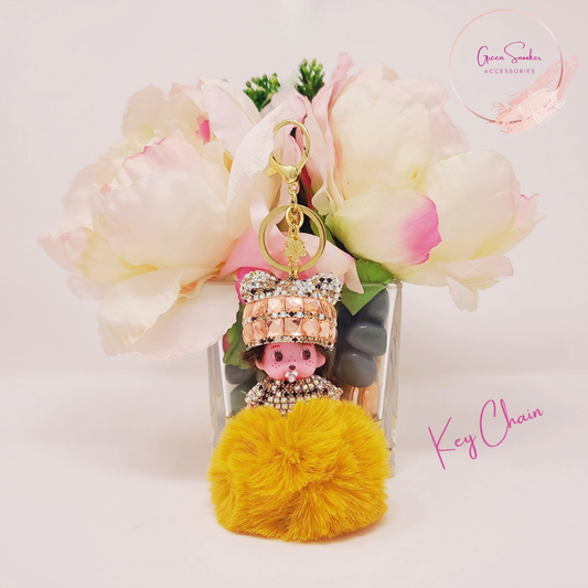 Keychain, Cute Monchichi, Pompom Ball, Mustard