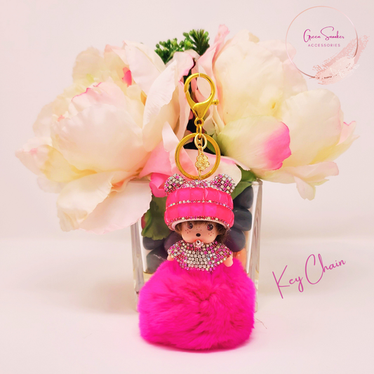 Keychain, Cute Monchichi, Pompom Ball, Fuchsia