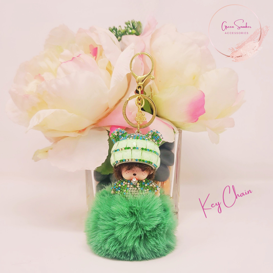 Keychain, Cute Monchichi, Pompom Ball, Green