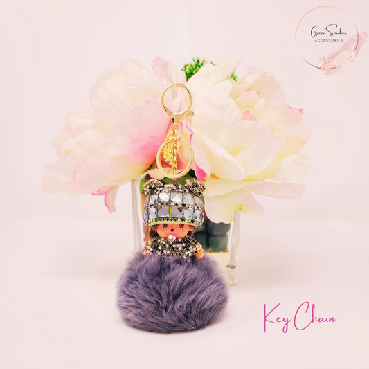 Keychain, Cute Monchichi, Pompom Ball, Gray