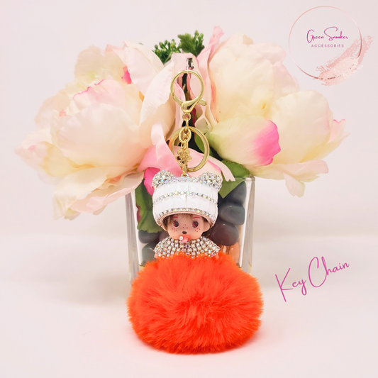 Keychain, Cute Monchichi, Pompom Ball, Orange