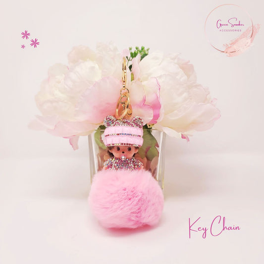 Keychain, Cute Monchichi, Pompom Ball, Pink