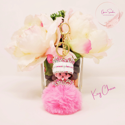 Keychain, Cute Monchichi, Pompom Ball, White Pink
