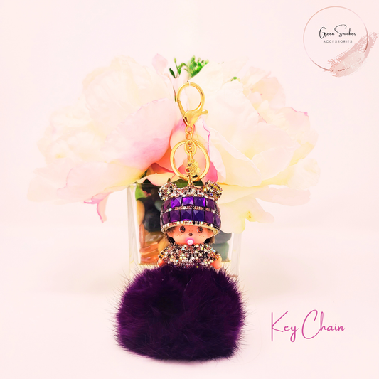 Keychain, Cute Monchichi, Pompom Ball, Purple