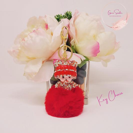 Keychain, Cute Monchichi, Pompom Ball, Red