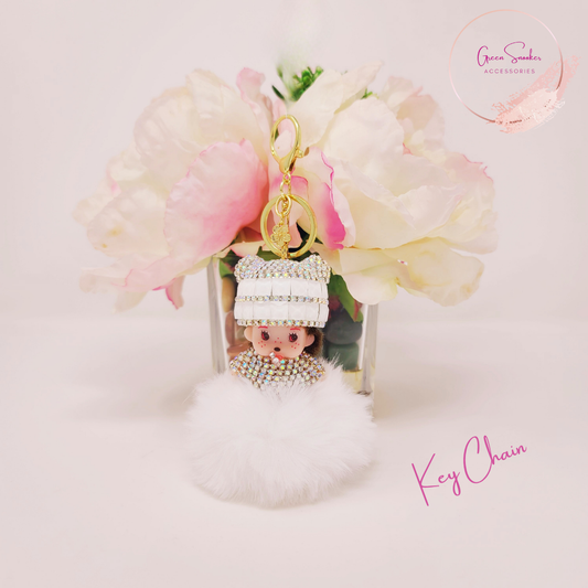 Keychain, Cute Monchichi, Pompom Ball,White