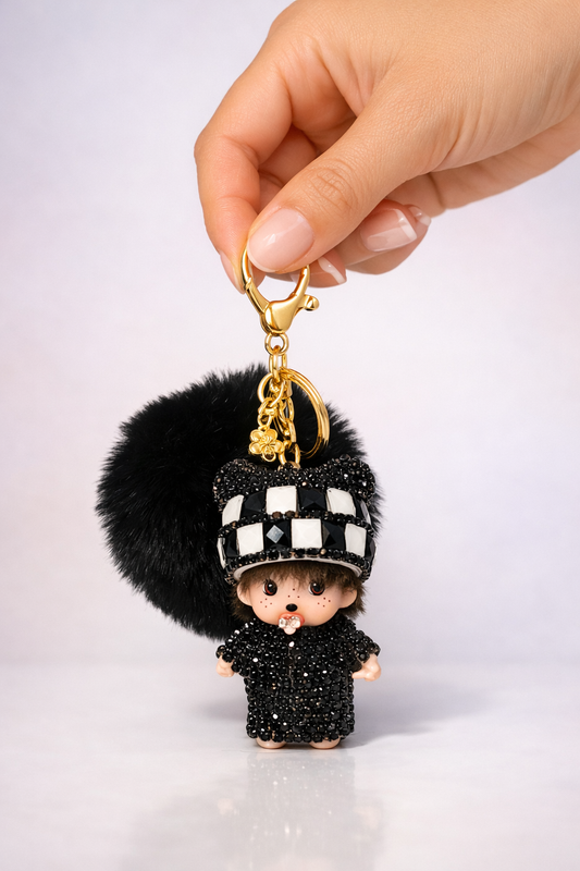 Keychain, Cute Monchichi With Ball Pompom.