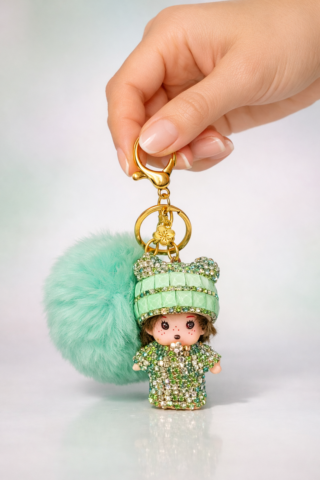 Keychain, Cute Monchichi With Ball Pompom.