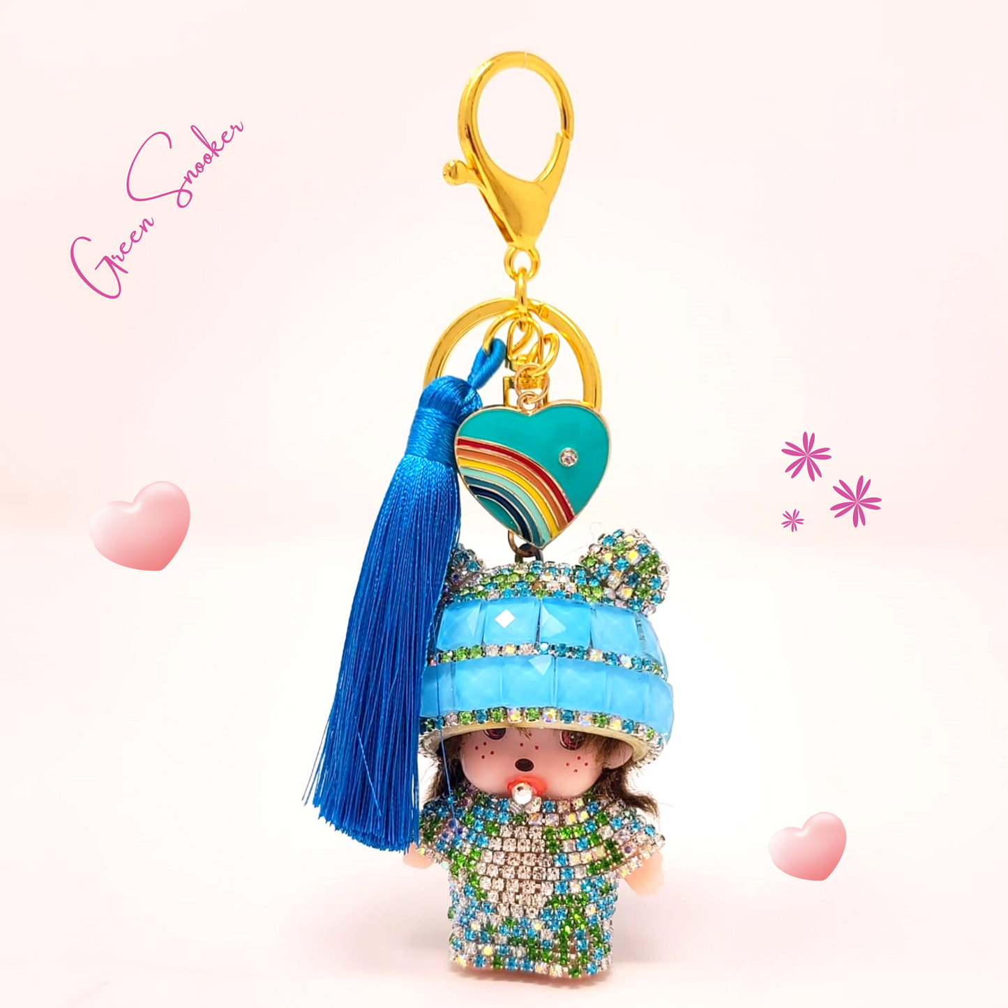Keychain, Cute Monchichi Tassel with a Heart, bag pendant