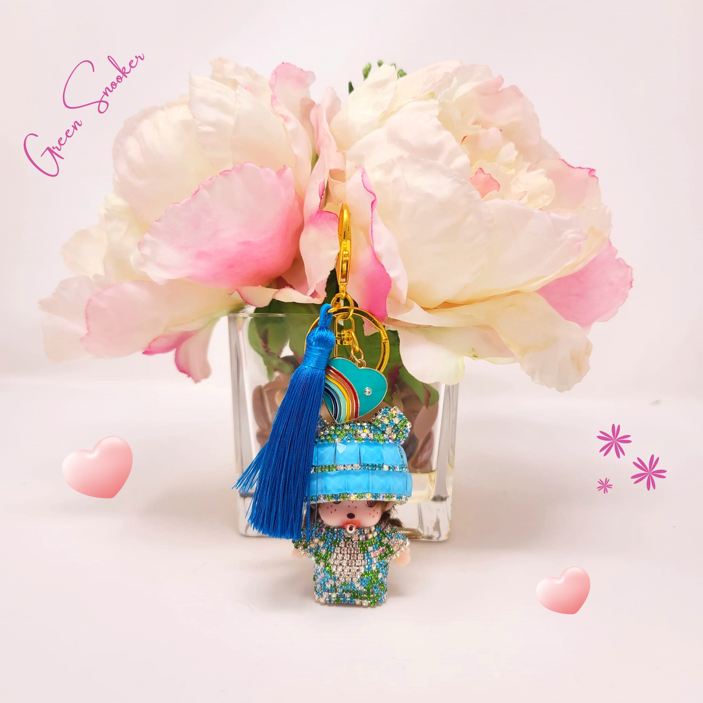 Keychain, Cute Monchichi Tassel with a Heart, bag pendant