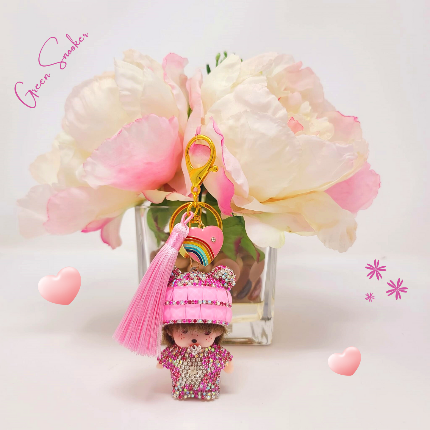 Keychain, Cute Monchichi Tassel with a Heart, bag pendant