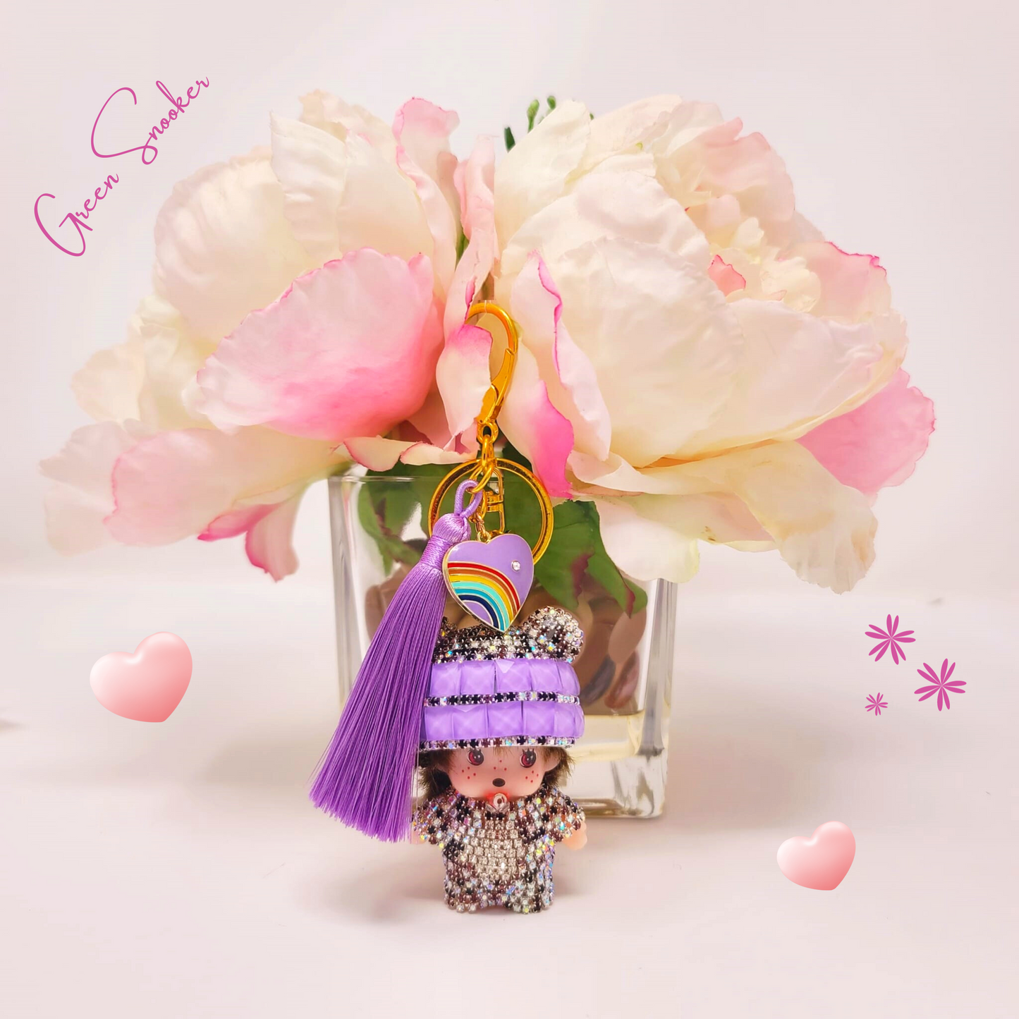 Keychain, Cute Monchichi Tassel with a Heart, bag pendant