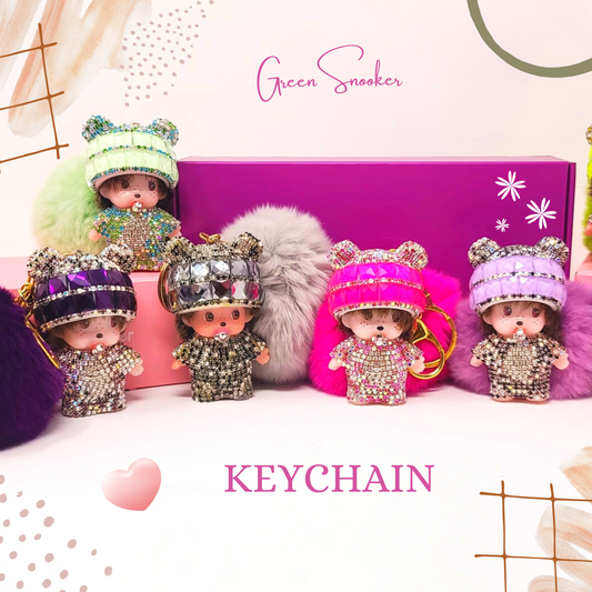 Keychain, Cute Monchichi With Ball Pompom.