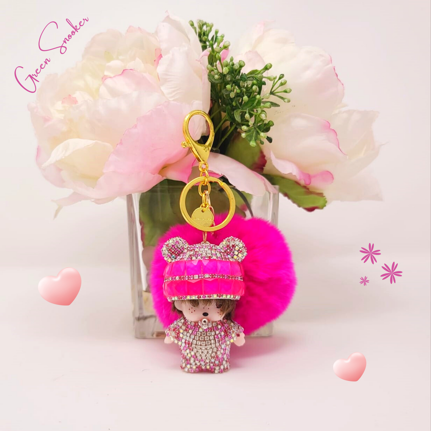 Keychain, Cute Monchichi With Ball Pompom.