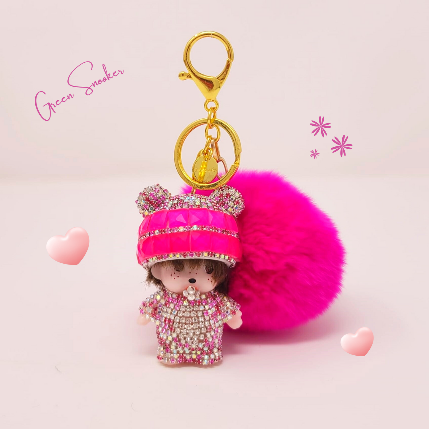 Keychain, Cute Monchichi With Ball Pompom.
