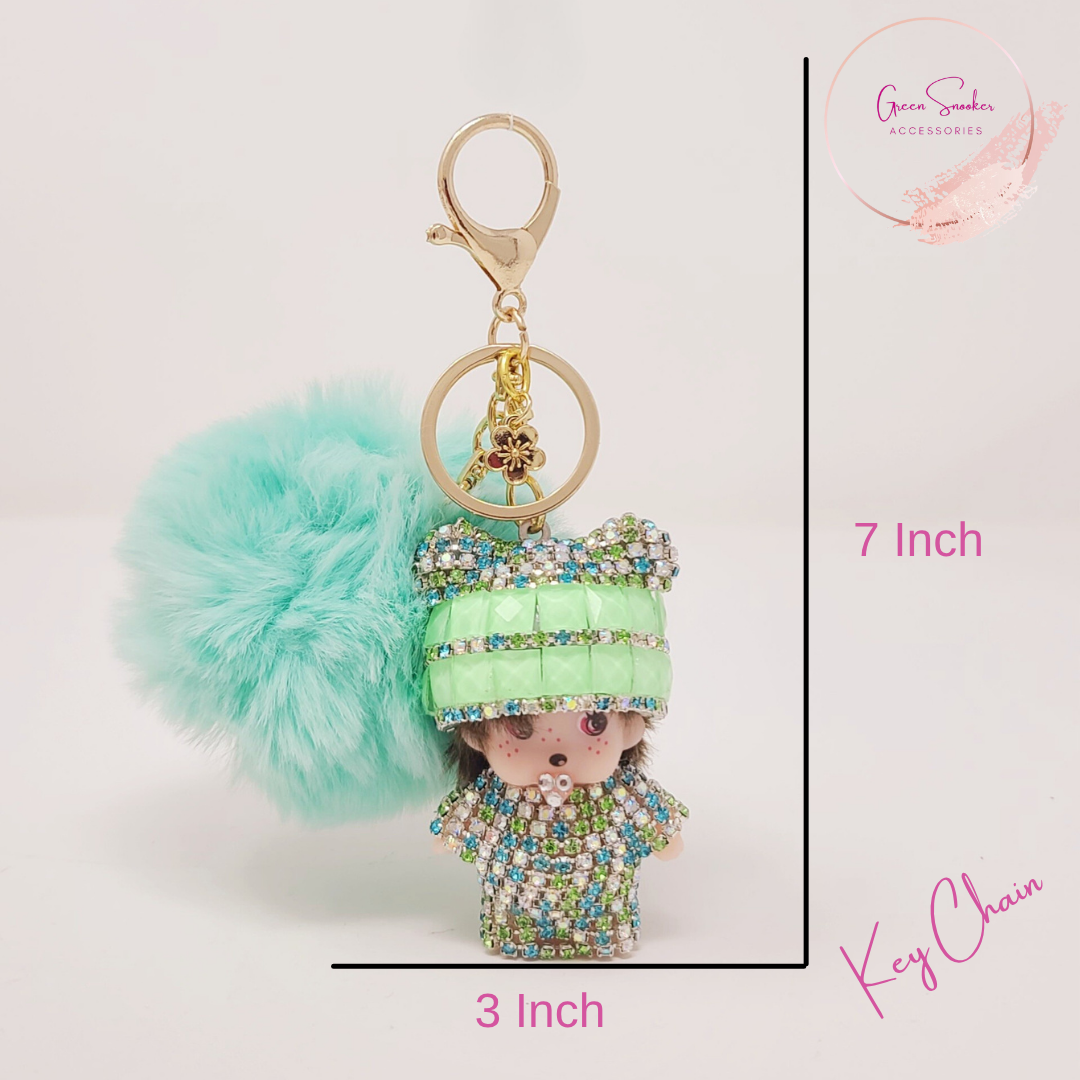 Keychain, Cute Monchichi With Ball Pompom.