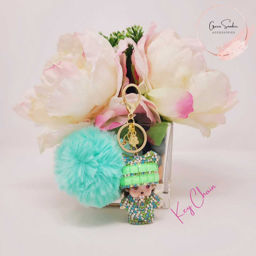 Keychain, Cute Monchichi With Ball Pompom.