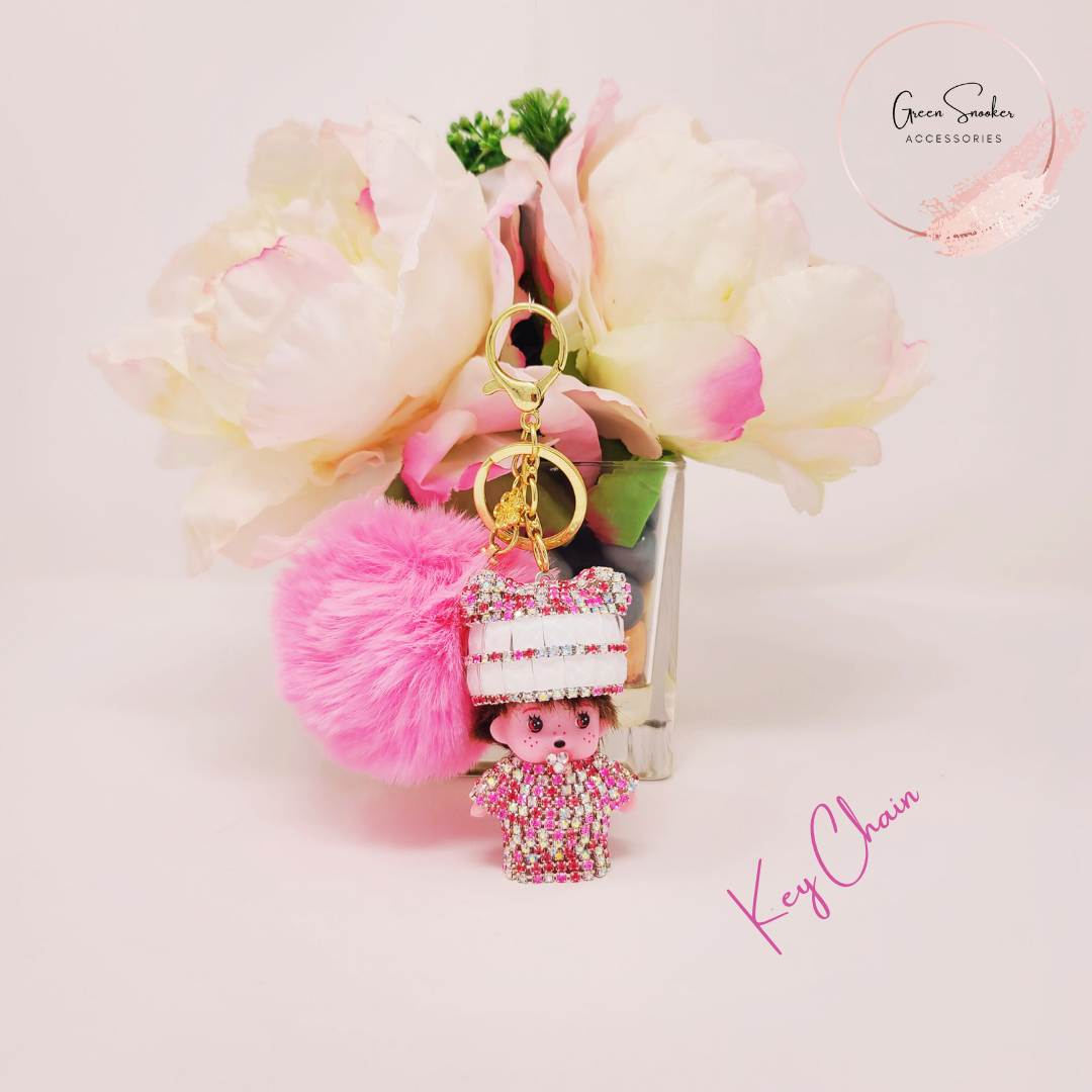Keychain, Cute Monchichi With Ball Pompom.