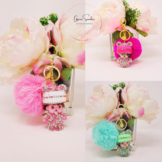 Keychain, Cute Monchichi With Ball Pompom.