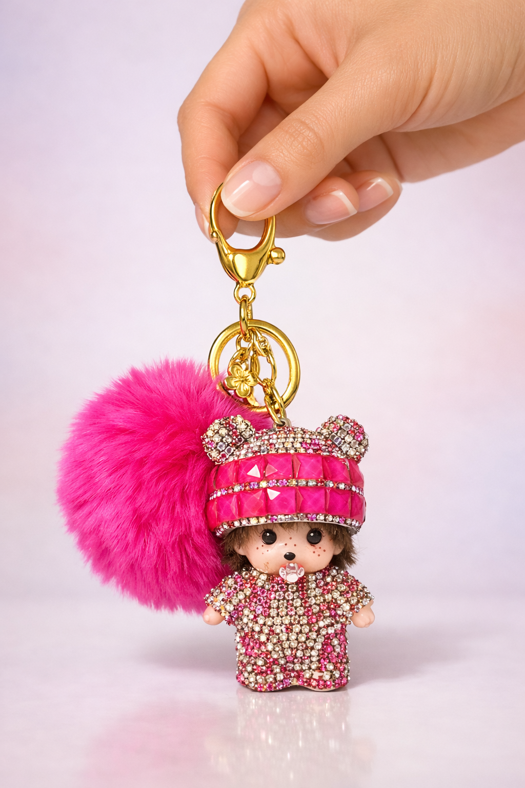 Keychain, Cute Monchichi With Ball Pompom.