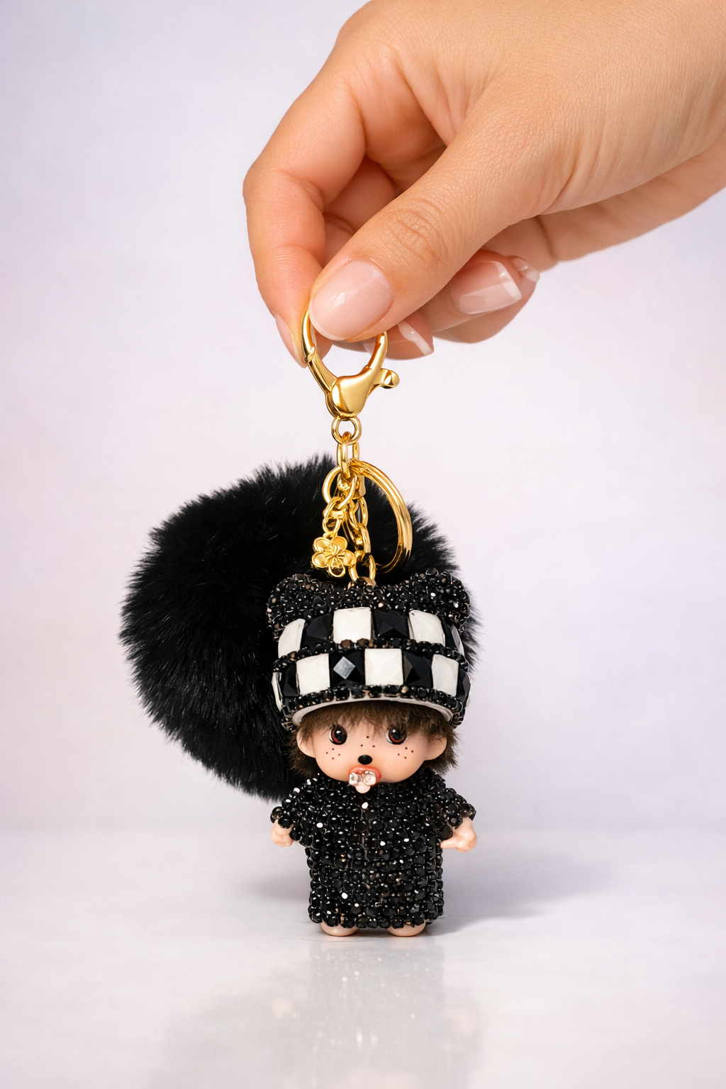 Keychain, Cute Monchichi With Ball Pompom.
