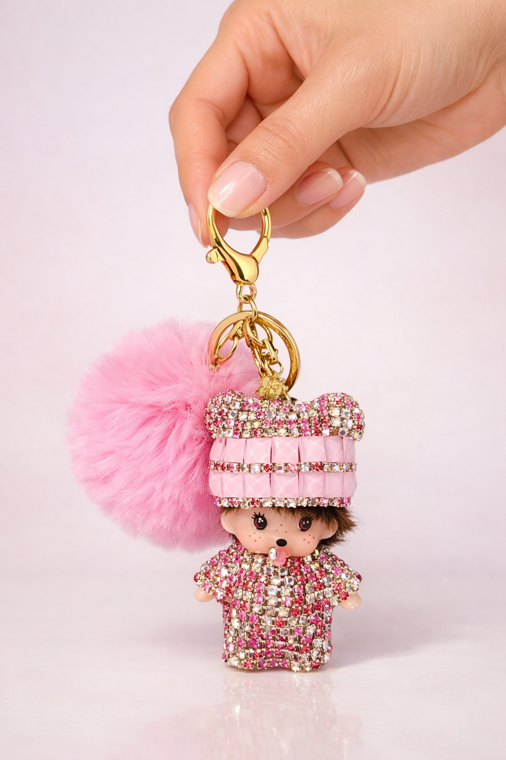 Keychain, Cute Monchichi With Ball Pompom.