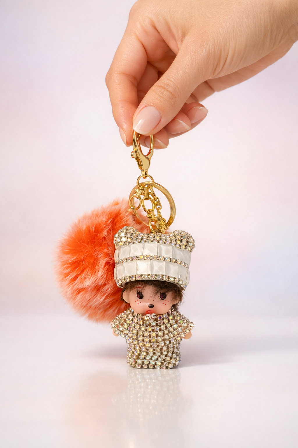 Keychain, Cute Monchichi With Ball Pompom.