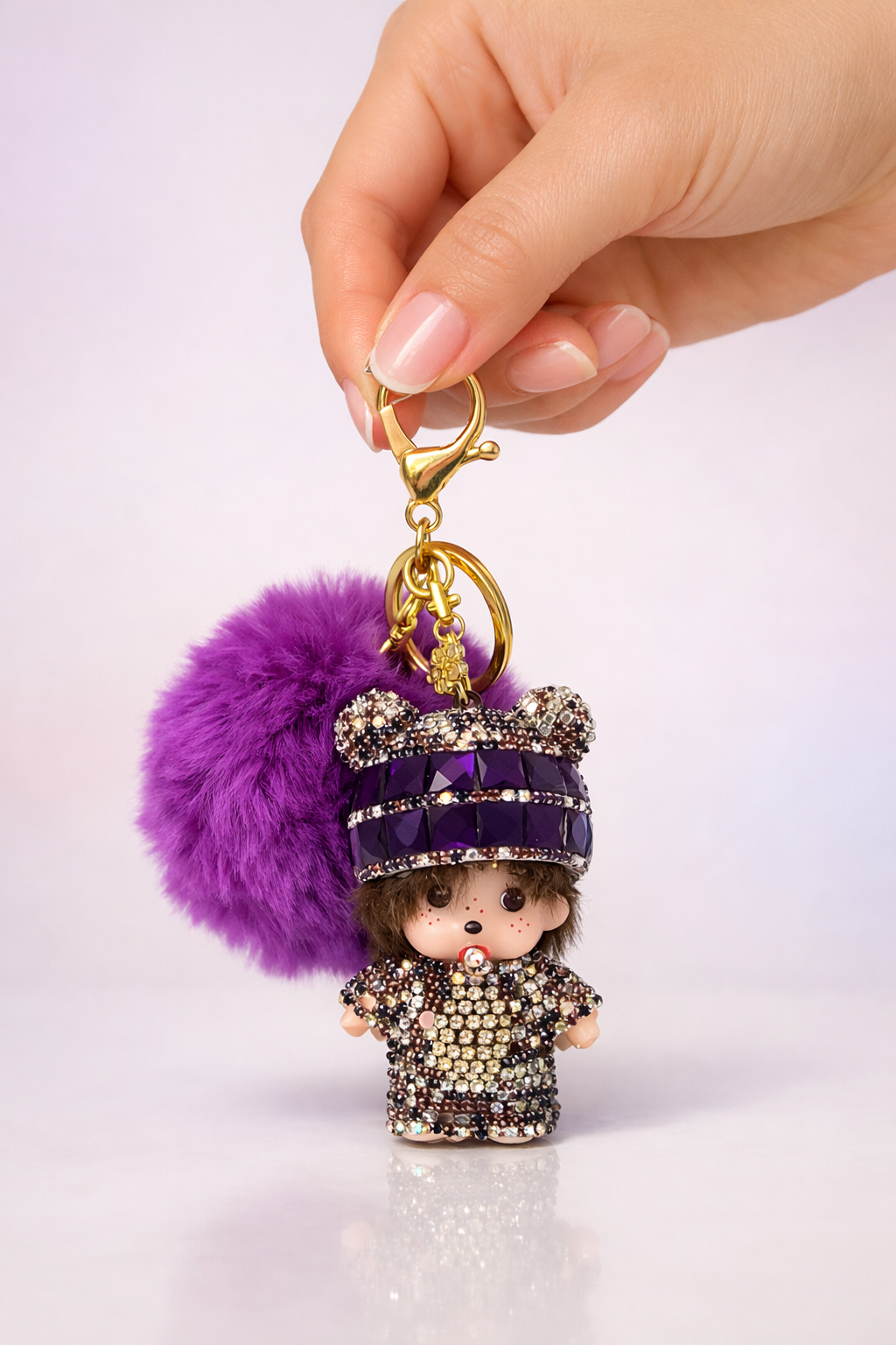 Keychain, Cute Monchichi With Ball Pompom.