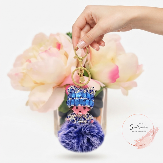 Keychain, Cute Monchichi, Pompom Ball, Metallic blue