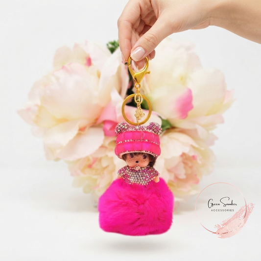 Keychain, Cute Monchichi, Pompom Ball, Fuchsia