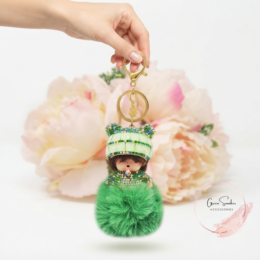 Keychain, Cute Monchichi, Pompom Ball, Green