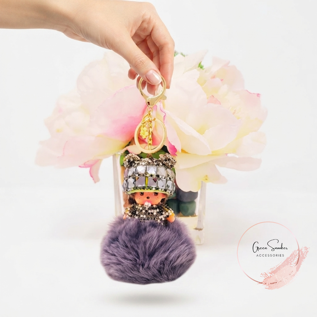 Keychain, Cute Monchichi, Pompom Ball, Gray