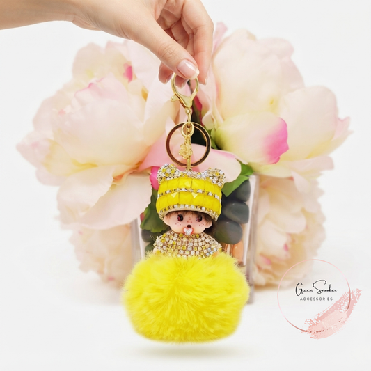 Keychain, Cute Monchichi, Pompom Ball, Yello