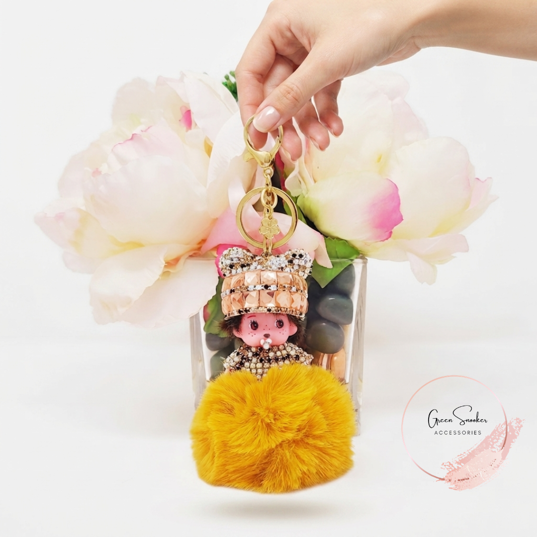 Keychain, Cute Monchichi, Pompom Ball, Mustard