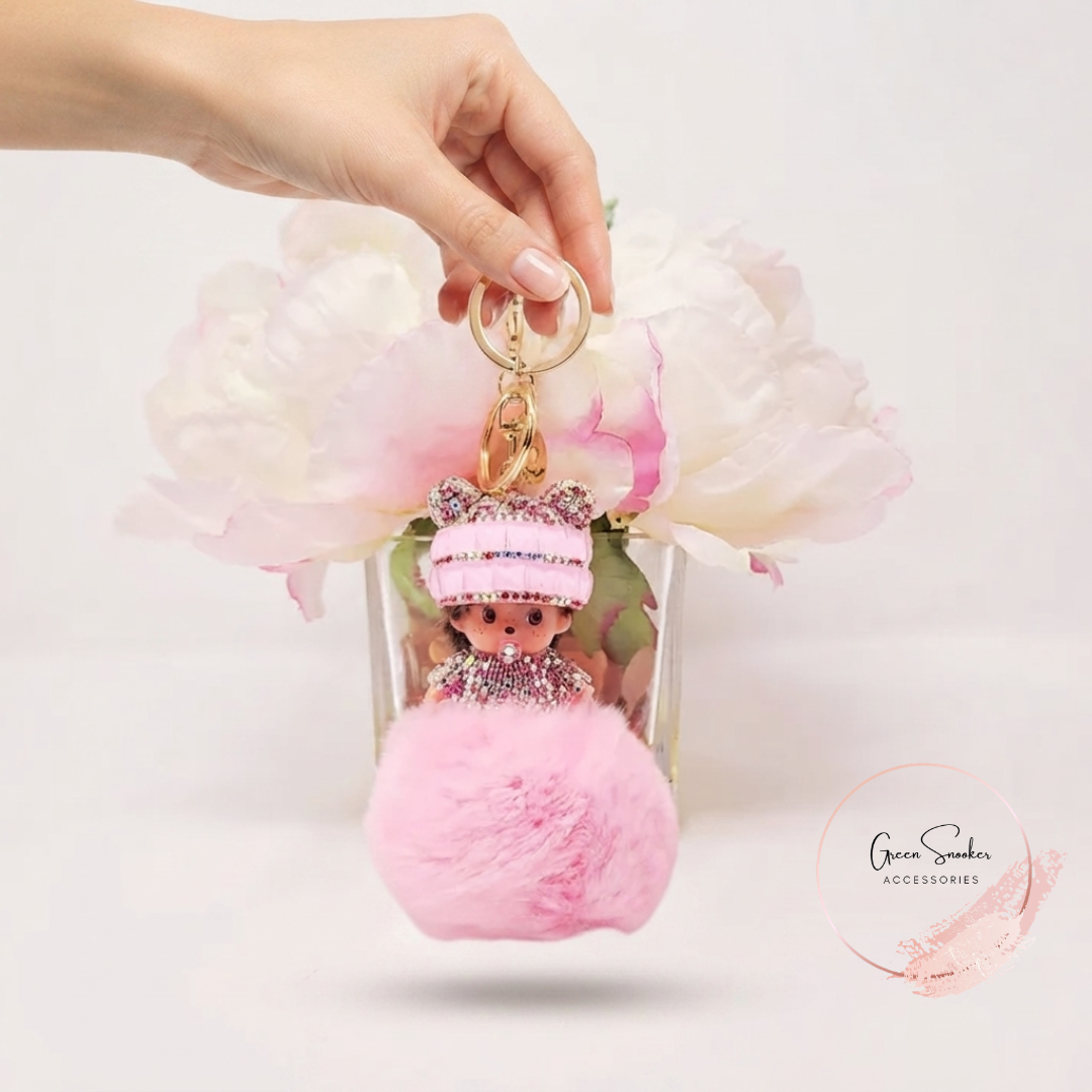 Keychain, Cute Monchichi, Pompom Ball, Pink