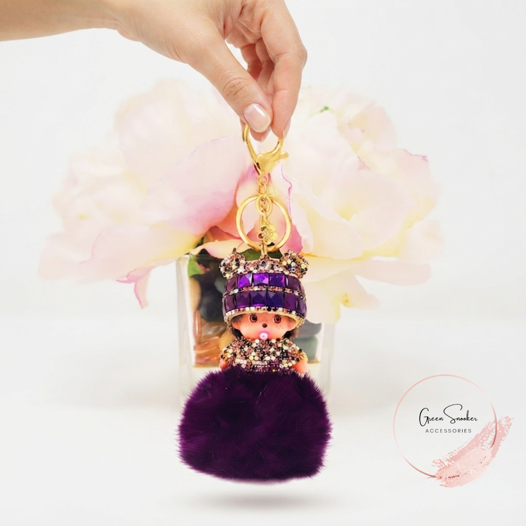 Keychain, Cute Monchichi, Pompom Ball, Purple