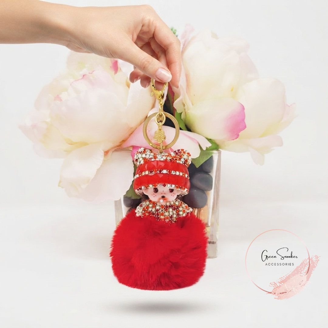 Keychain, Cute Monchichi, Pompom Ball, Red