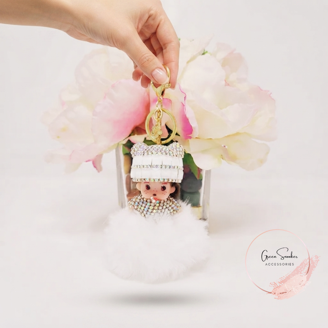 Keychain, Cute Monchichi, Pompom Ball,White