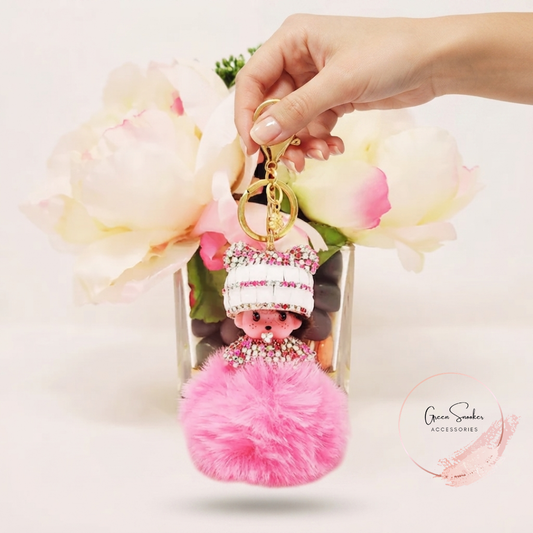 Keychain, Cute Monchichi, Pompom Ball, White Pink