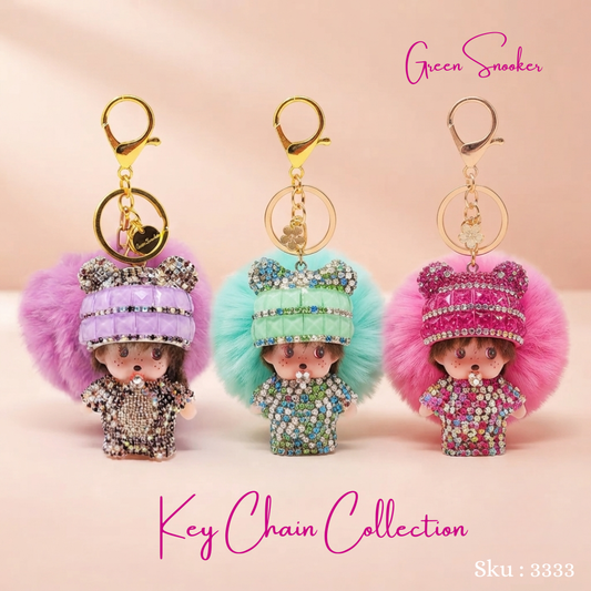 Keychain, Cute Monchichi With Ball Pompom.