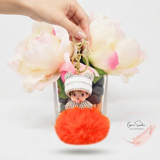 Keychain, Cute Monchichi, Pompom Ball, Orange