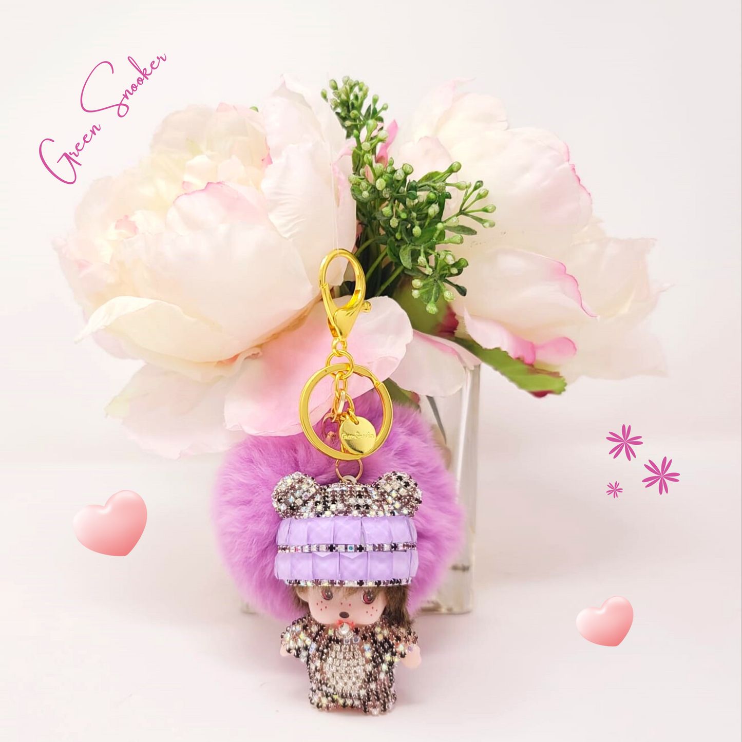 Keychain, Cute Monchichi With Ball Pompom.