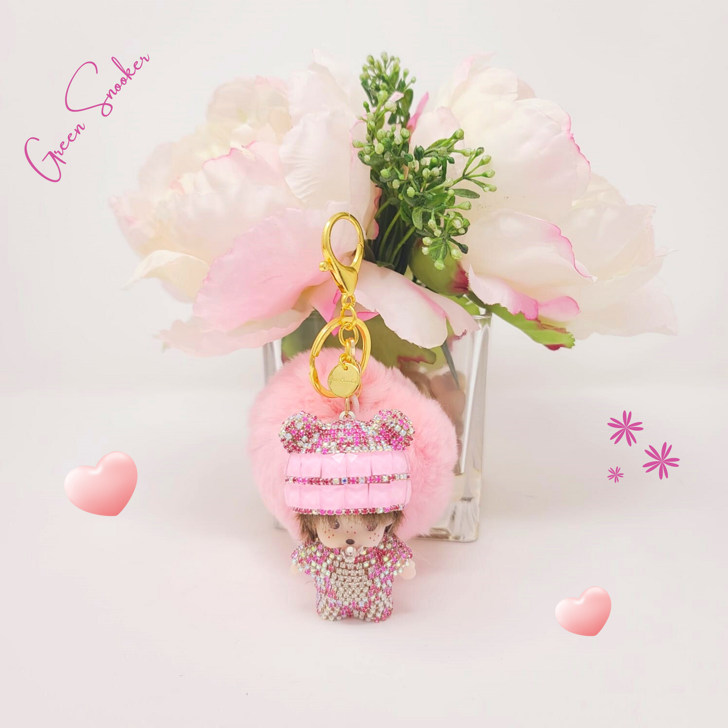 Keychain, Cute Monchichi With Ball Pompom.