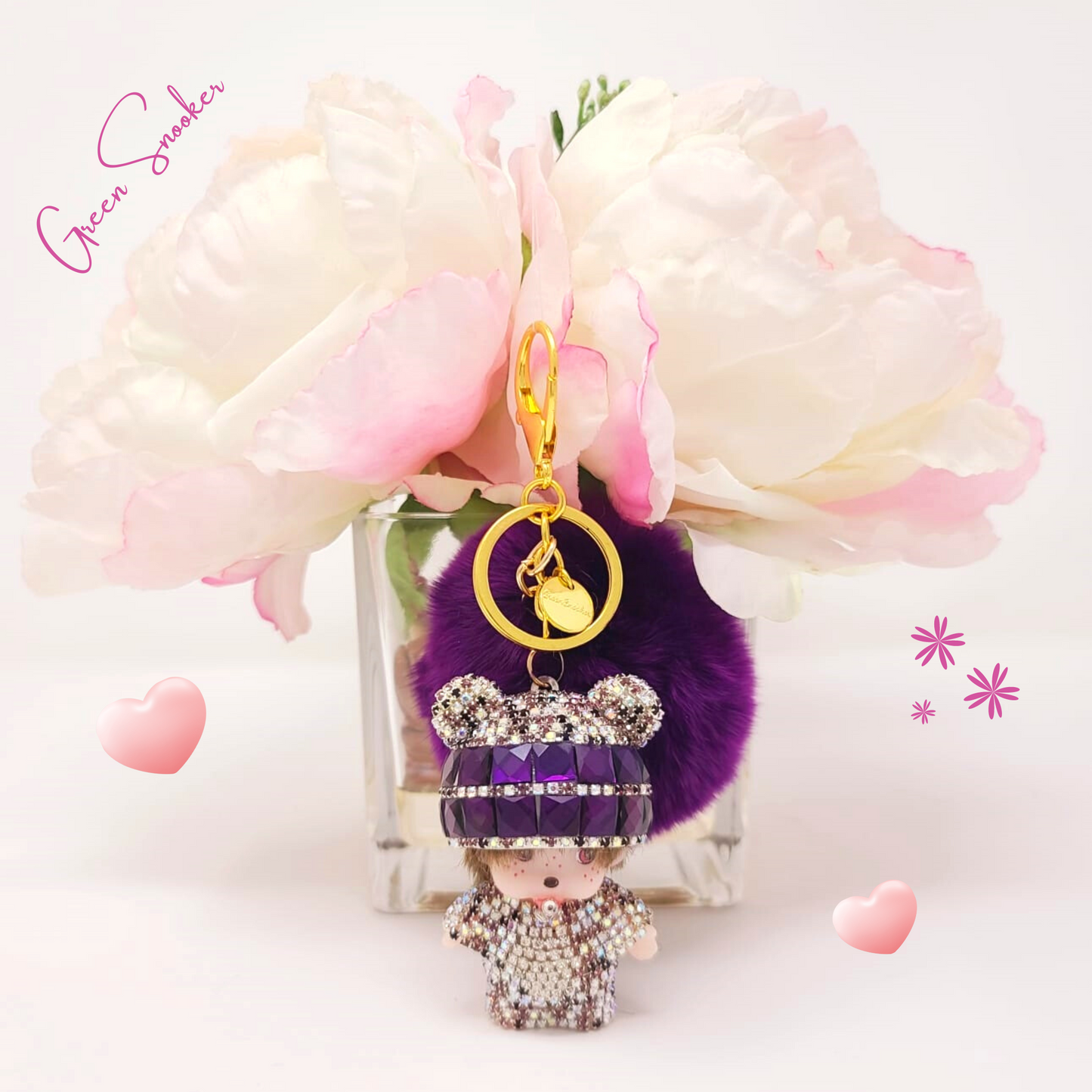 Keychain, Cute Monchichi With Ball Pompom.