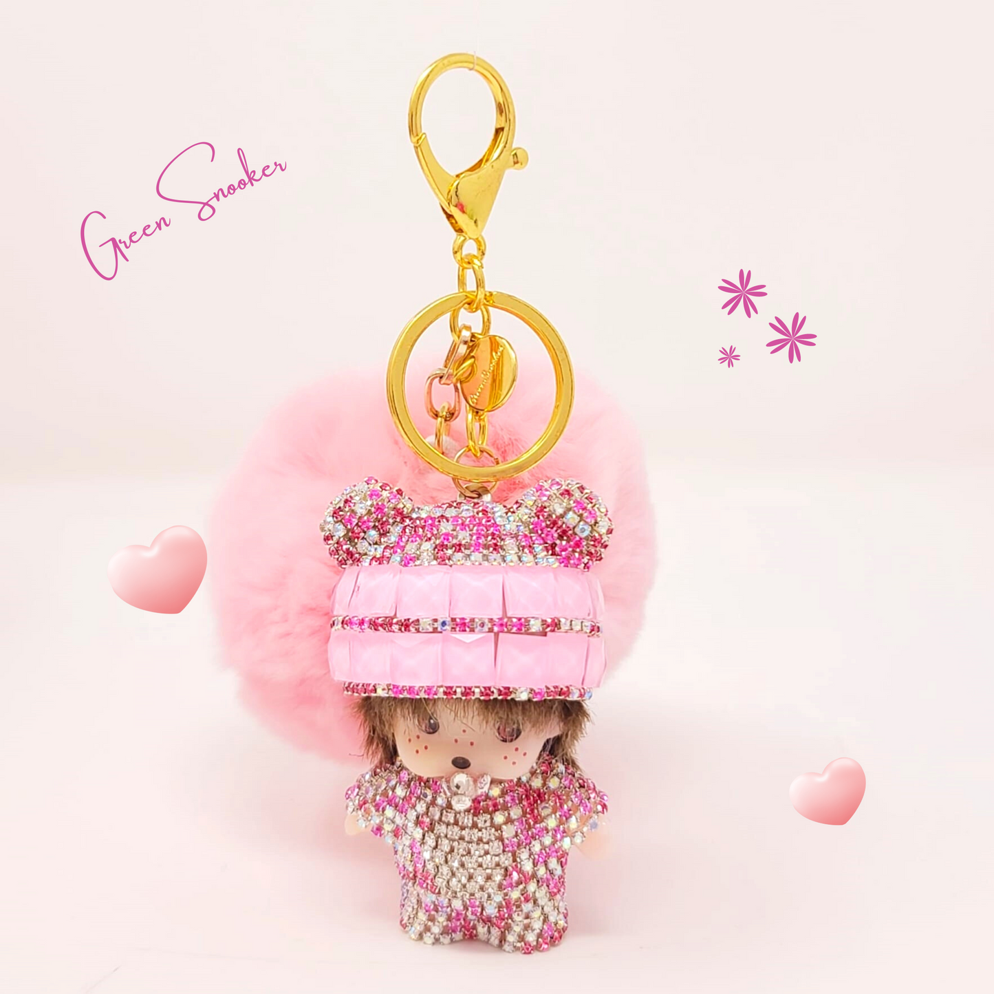 Keychain, Cute Monchichi With Ball Pompom.